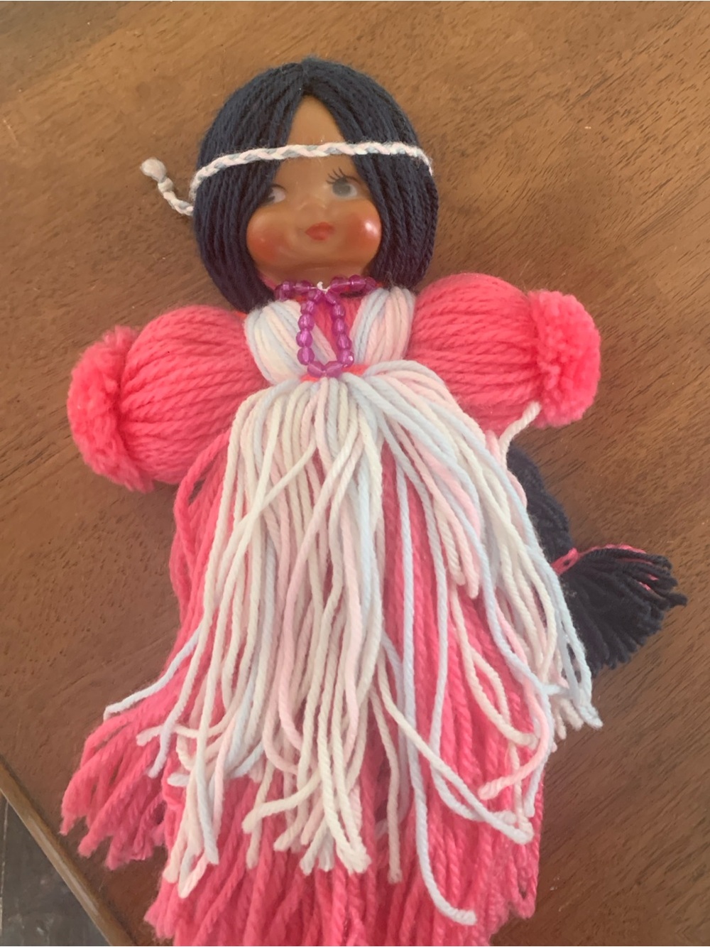 Vintage Local Handmade Yarn Doll with Pink & White Dress